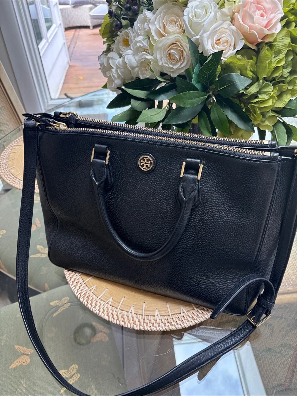 Tory Burch Robinson Double Zip Black Pebbled Leather Satchel Gold Hardware $575